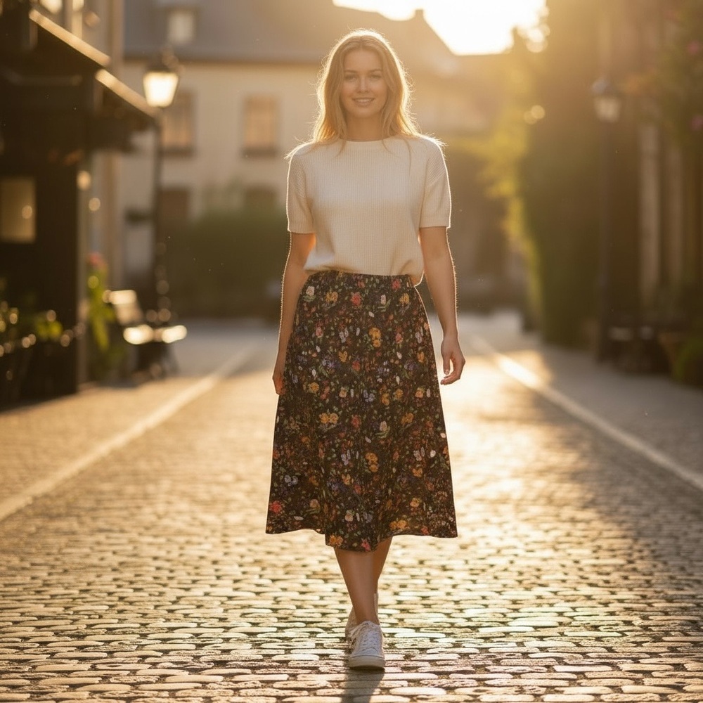 Vintage Handmade Black Floral Elastic Waist Skirt